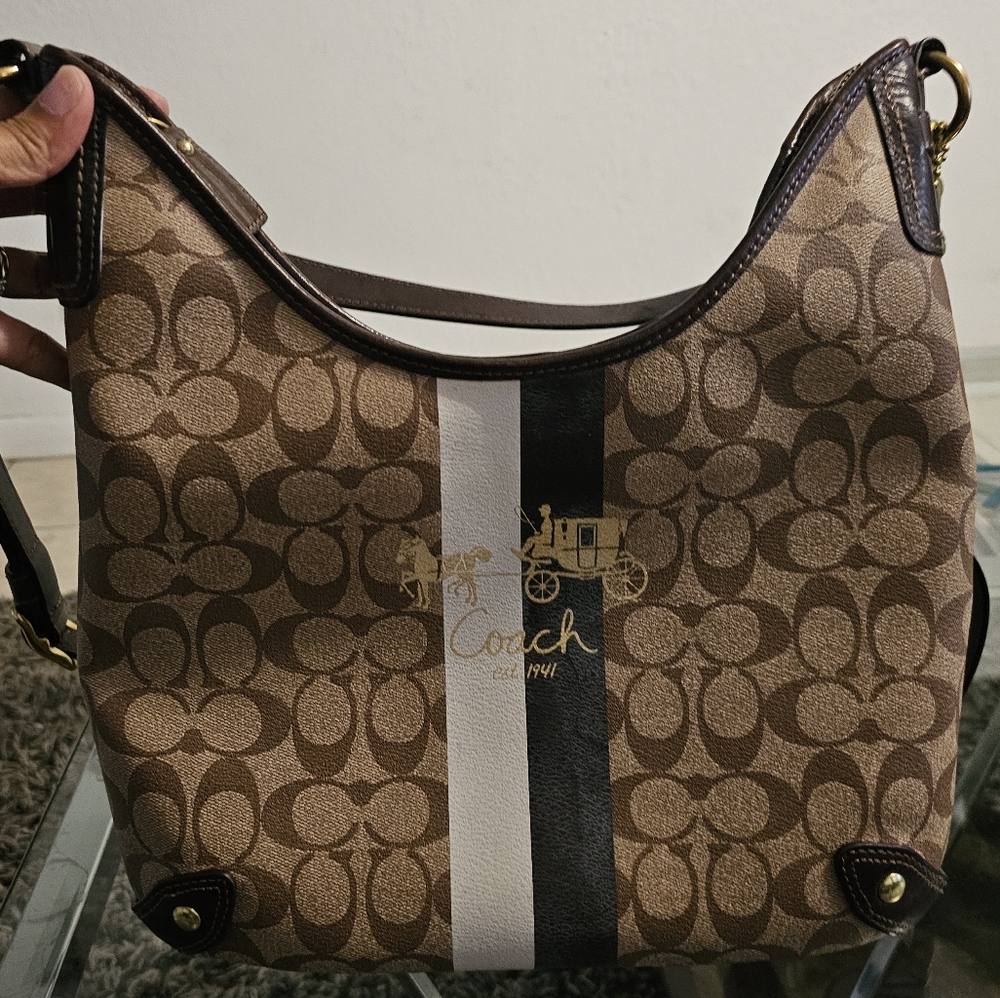 Coach Brown and Black Signature Shoulder Bag